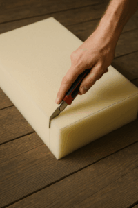 Schaumstoff zuschneiden mit dem Cutter- Messer. 